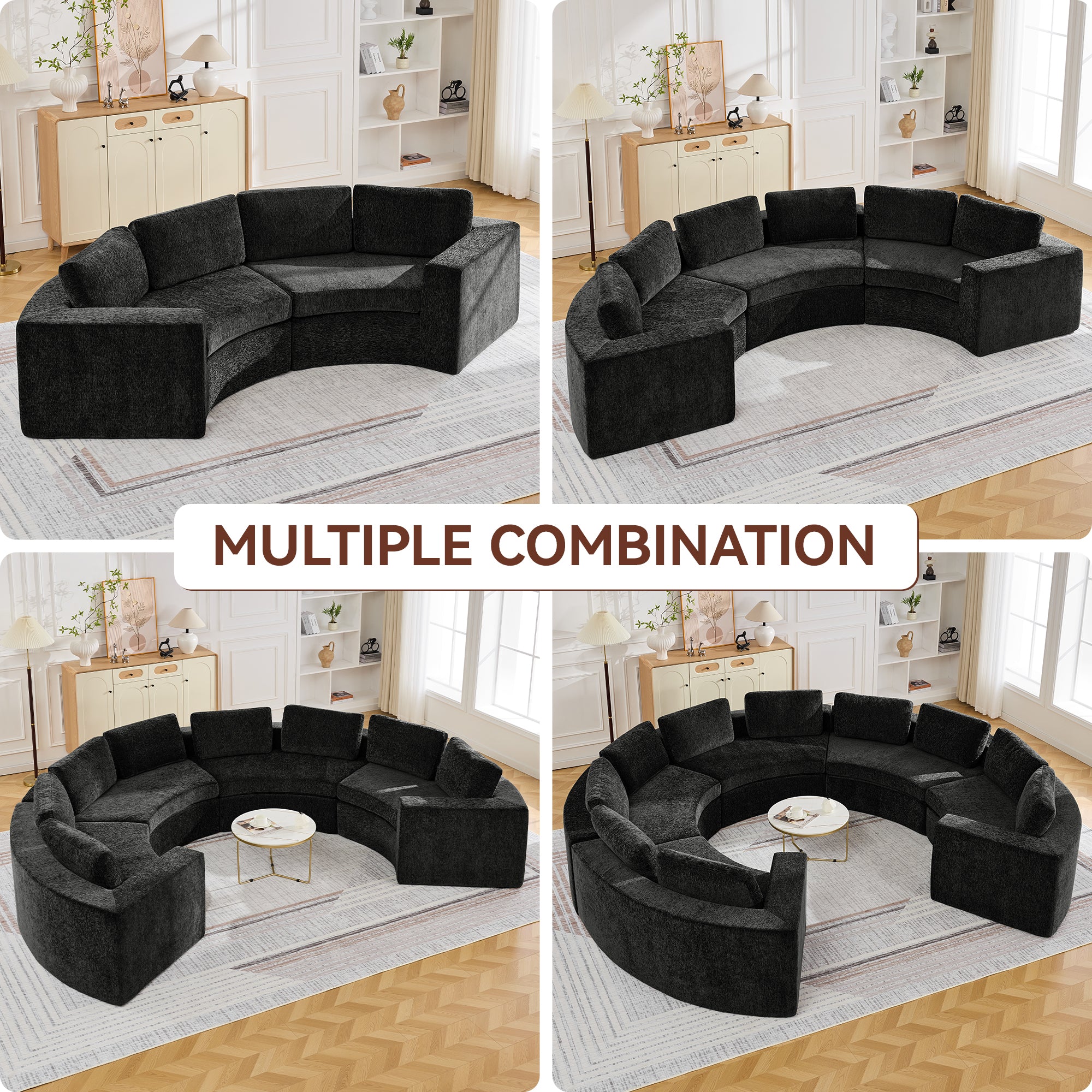 Curved Compression Sectional Couch，10 Seater，Black