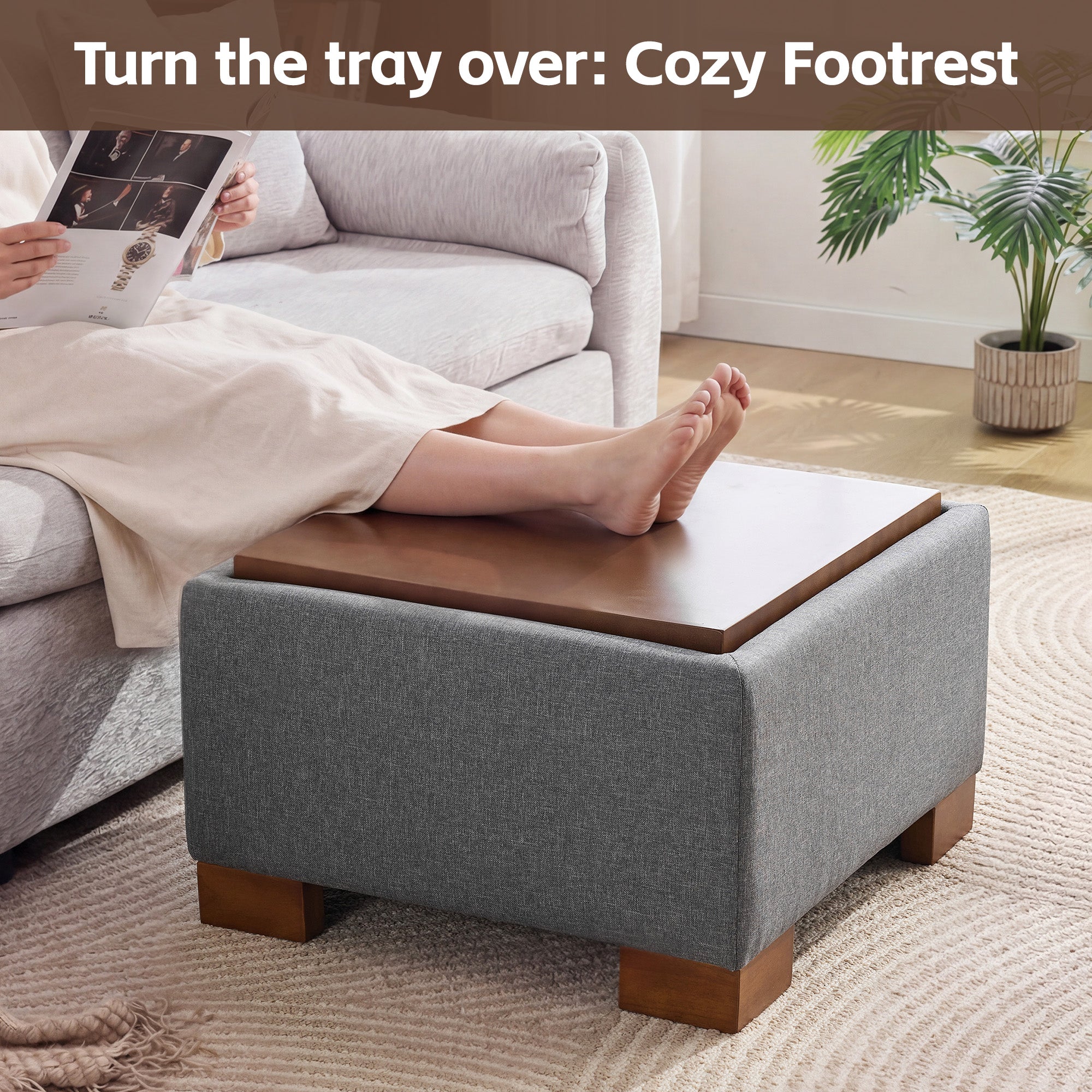 24" Square Storage Ottoman，Gray