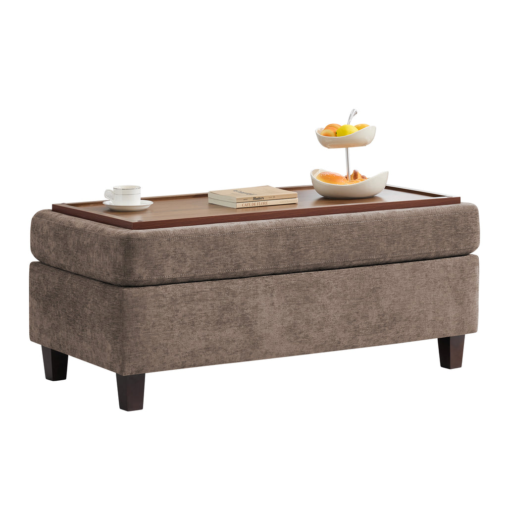 HASLE Storage Ottoman Bench with Wooden Tray, Upholstered Ottoman Coffee Table with Hidden Storage for Living Room Bedroom