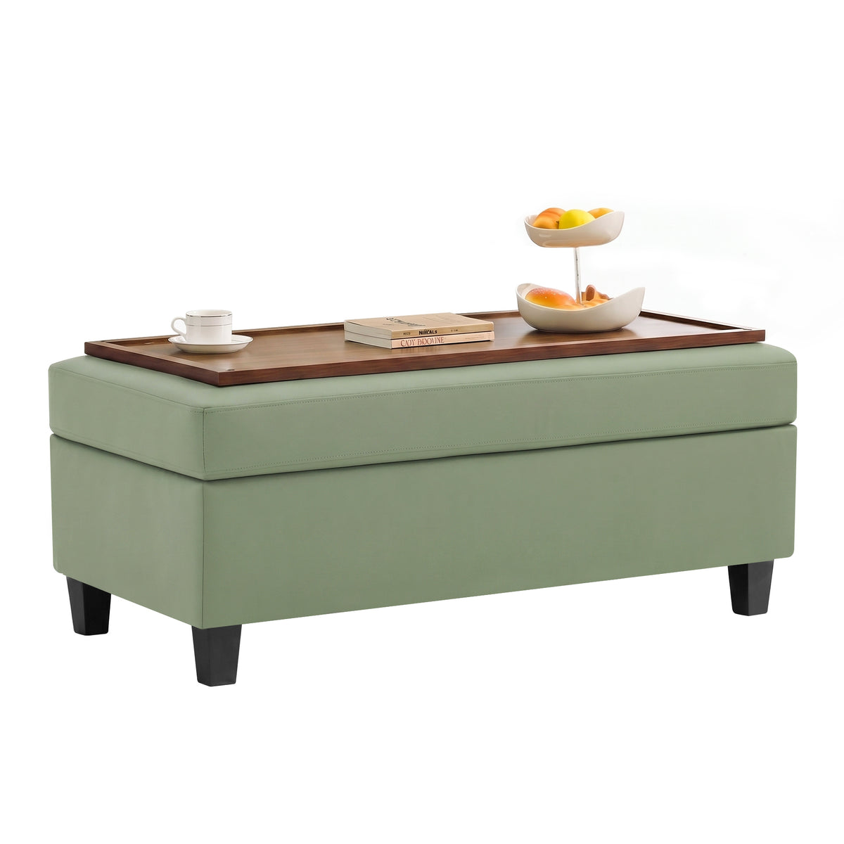 HASLE Storage Ottoman Bench with Wooden Tray, Upholstered Ottoman Coffee Table with Hidden Storage for Living Room Bedroom