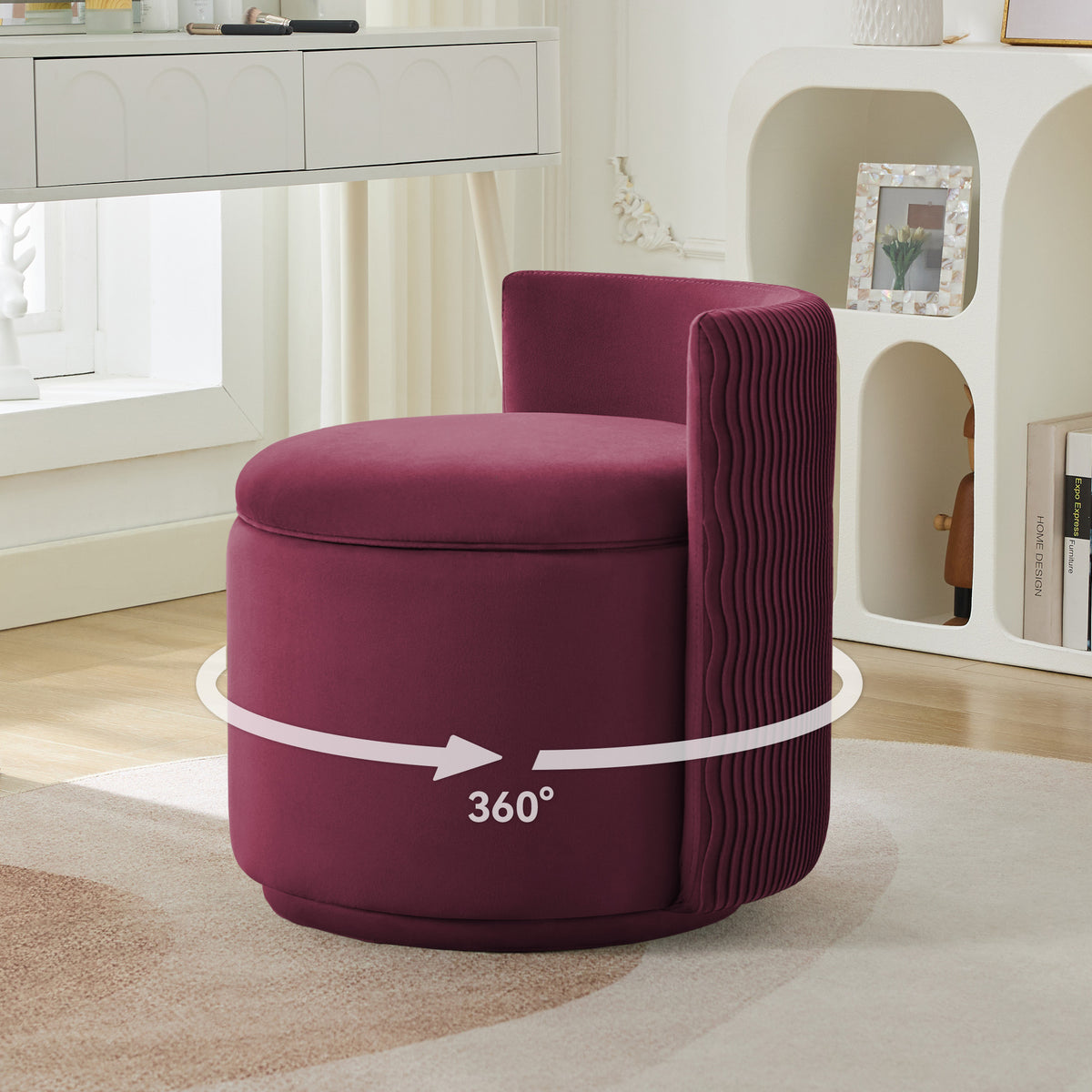 Velvet Swivel Accent Chair with Storage, 360° Vanity Makeup Chair with Wave Back, No Assembly Comfy Single Sofa Chair, Small Accent Stool for Bedroom, Dressing, Living Room