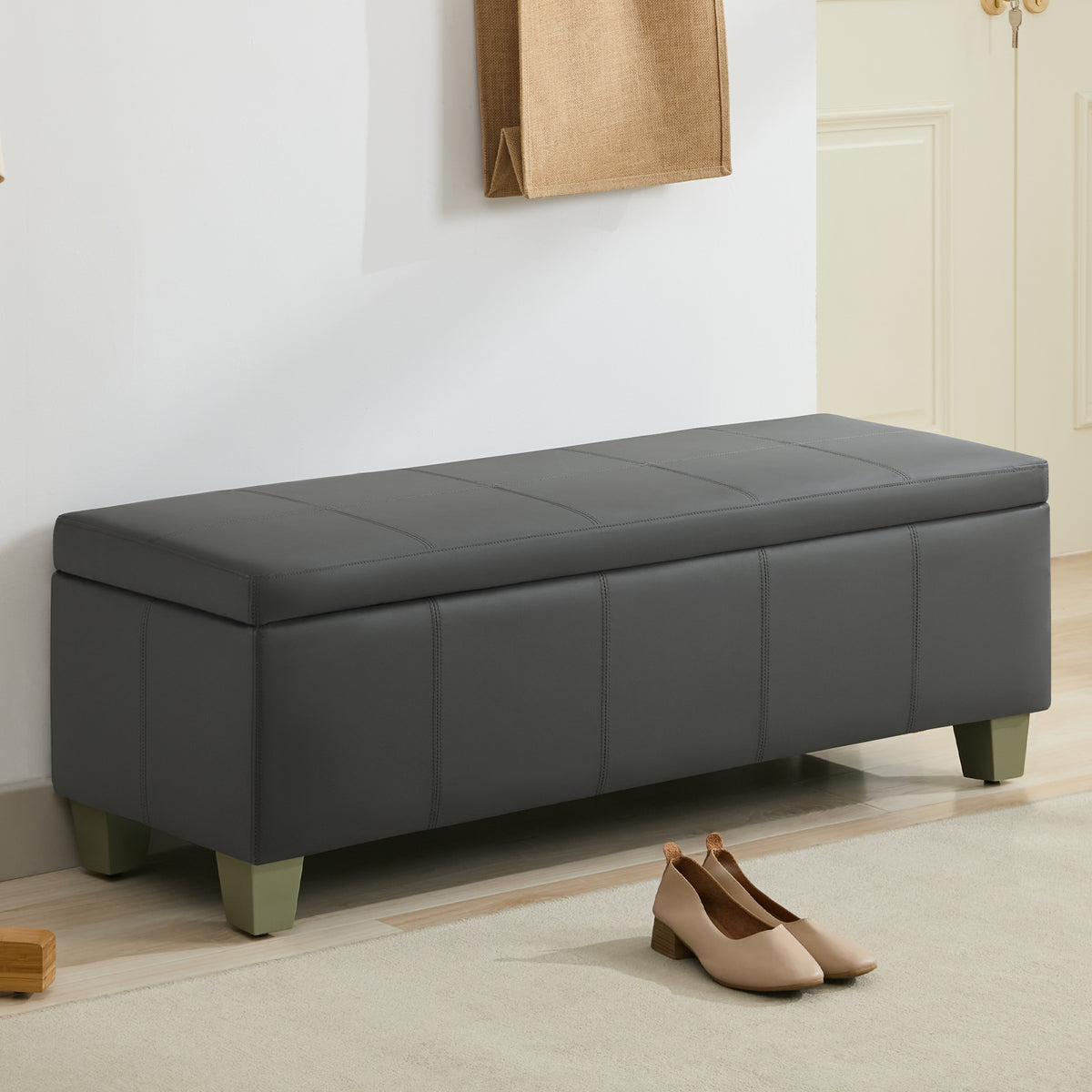 Faux Leather Storage Ottoman Bench, Rectangle Upholstered Storage Bench with Wooden Legs, Stitch Tufted Bench with Storage for Bedroom, Living Room, Entryway