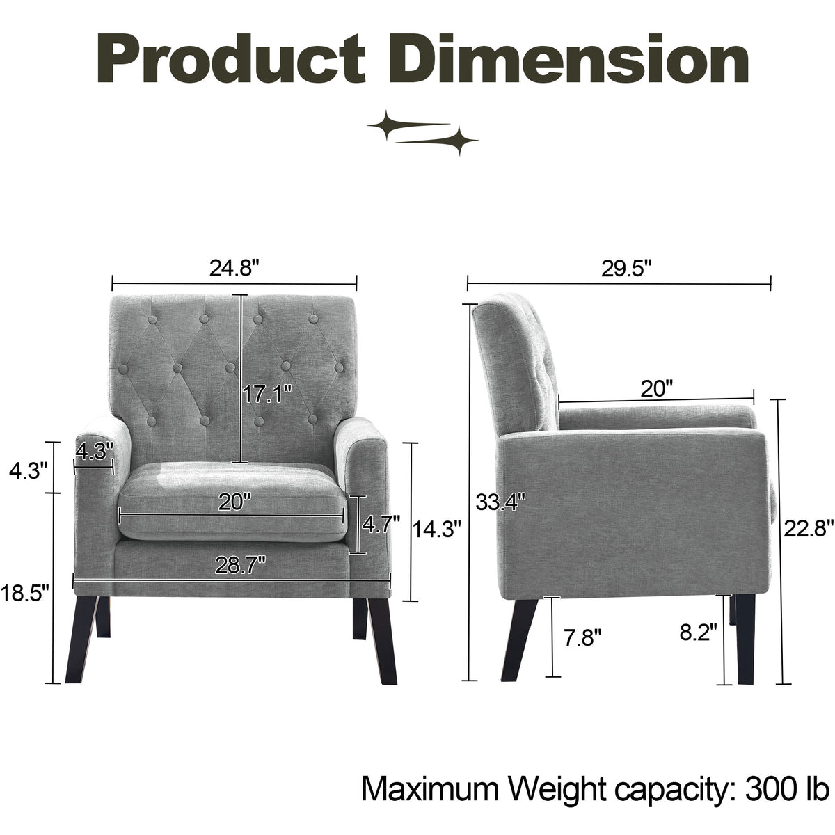 Mid Century Modern Accent Chairs, Grey Chenille Office Chair for Reception - Tufted Upholstered Club Chair for Living Room, Bedroom, or Waiting Room