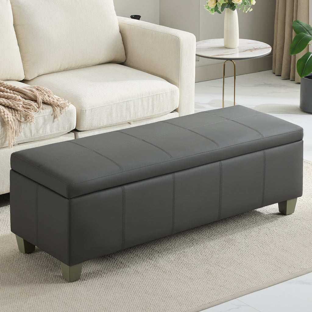 Faux Leather Storage Ottoman Bench, Rectangle Upholstered Storage Bench with Wooden Legs, Stitch Tufted Bench with Storage for Bedroom, Living Room, Entryway