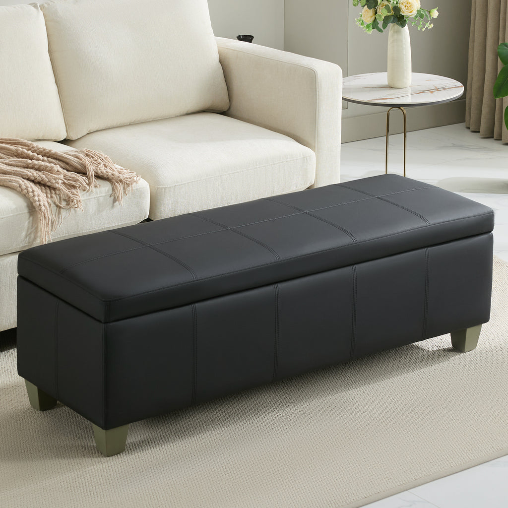 Faux Leather Storage Ottoman Bench, Rectangle Upholstered Storage Bench with Wooden Legs, Stitch Tufted Bench with Storage for Bedroom, Living Room, Entryway