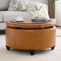 HASLE 30Inch Round Storage Ottoman with Tray, Modern Tufted Leather Circle Coffee Table with Storage, Upholstered Ottoman with Removable Top for Living Room, Bedroom, Leather Brown