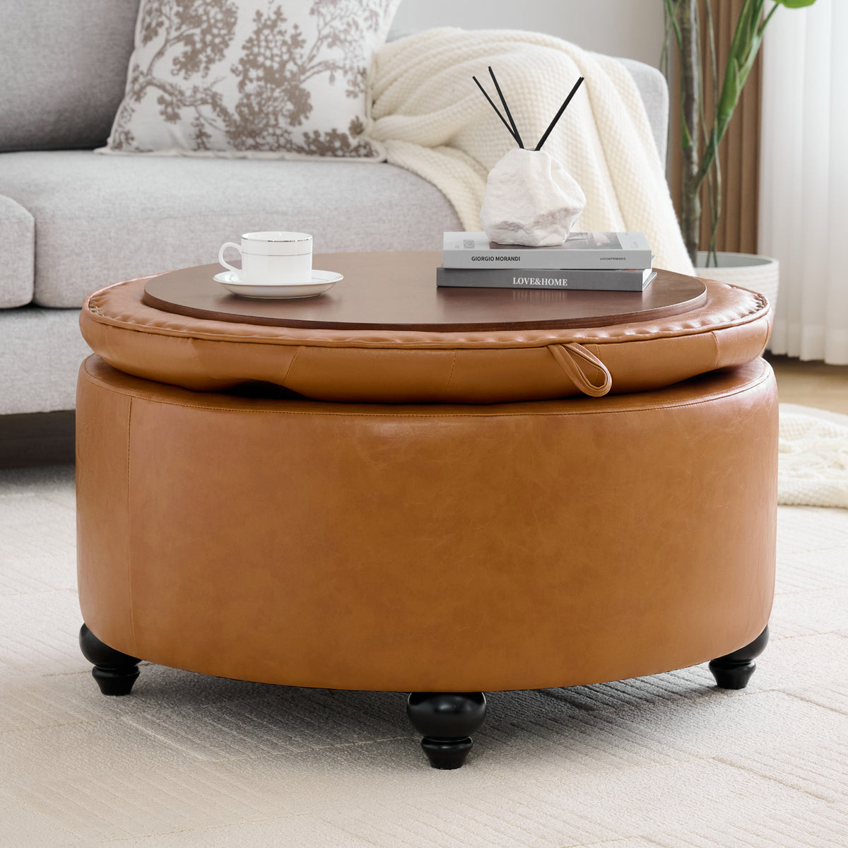 HASLE 30Inch Round Storage Ottoman with Tray, Modern Tufted Leather Circle Coffee Table with Storage, Upholstered Ottoman with Removable Top for Living Room, Bedroom, Leather Brown