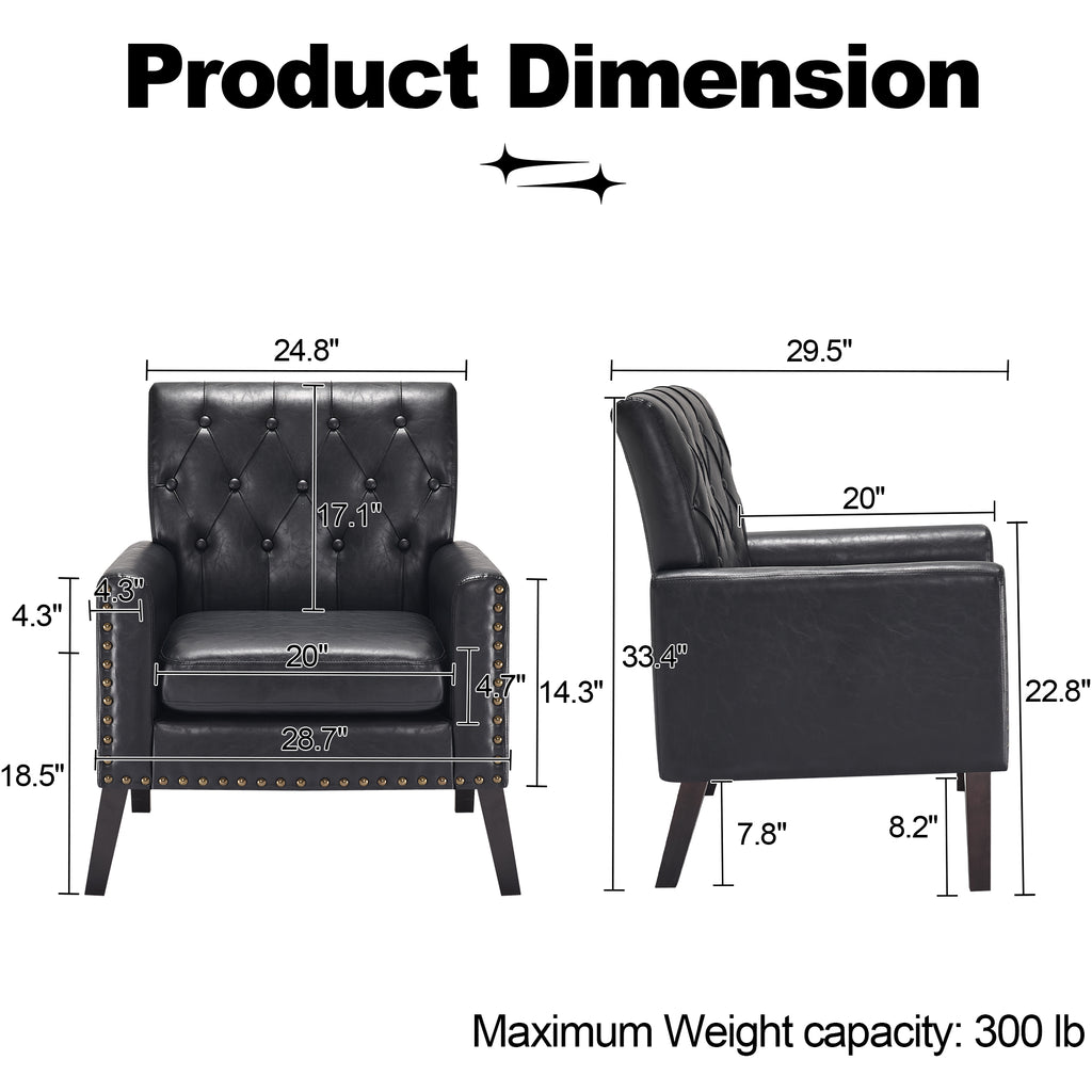 Mid Century Modern Accent Chair, Black Faux Leather Club Chair for Living Room, Bedroom, Office, or Reception Room