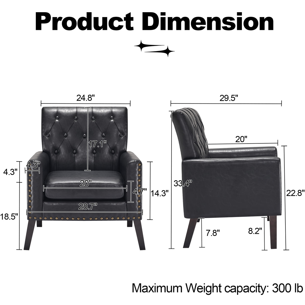 Mid Century Modern Accent Chair, Black Faux Leather Club Chair for Living Room, Bedroom, Office, or Reception Room