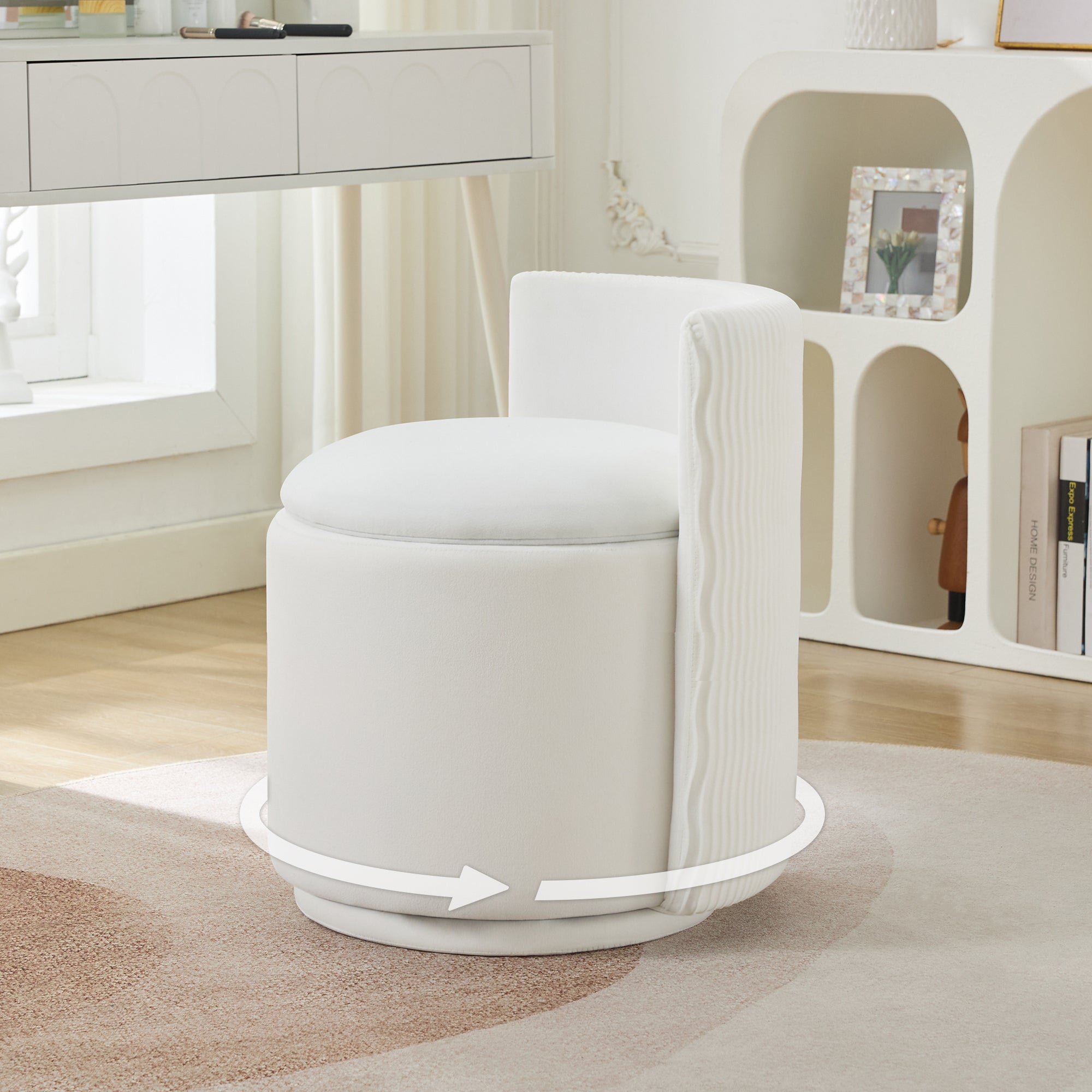 Vanity Chair with Storage，Velvet, White