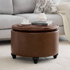 HASLE 24Inch Round Storage Ottoman with Tray, Modern Tufted Leather Circle Coffee Table with Storage, Upholstered Ottoman with Removable Top for Living Room, Bedroom, Leather Coffee