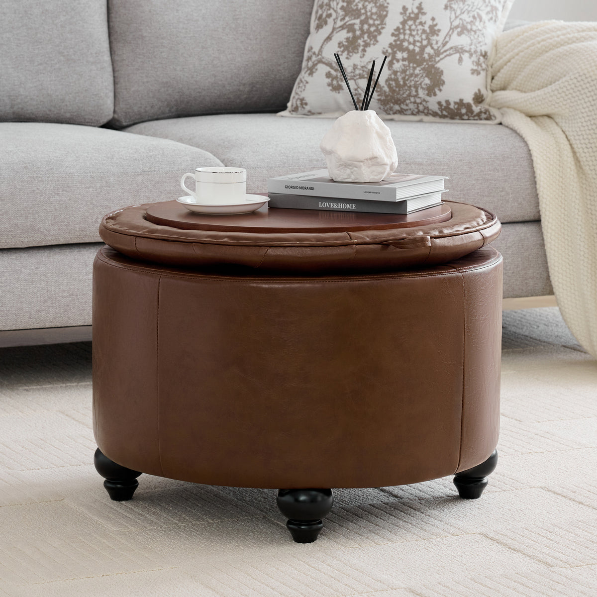 HASLE 24Inch Round Storage Ottoman with Tray, Modern Tufted Leather Circle Coffee Table with Storage, Upholstered Ottoman with Removable Top for Living Room, Bedroom, Leather Coffee