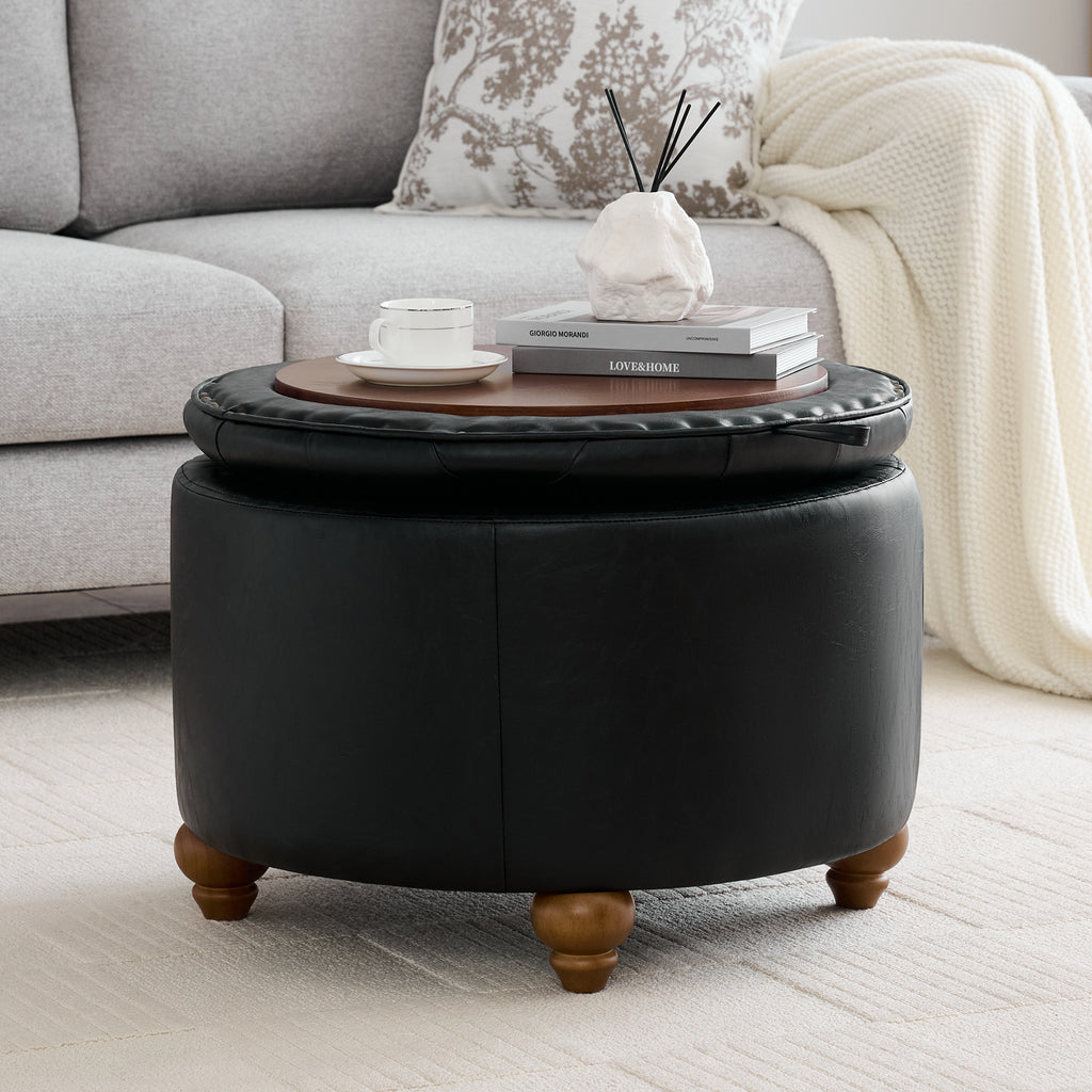 HASLE 24Inch Round Storage Ottoman with Tray, Modern Tufted Leather Circle Coffee Table with Storage, Upholstered Ottoman with Removable Top for Living Room, Bedroom, Leather Black