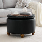 HASLE 24Inch Round Storage Ottoman with Tray, Modern Tufted Leather Circle Coffee Table with Storage, Upholstered Ottoman with Removable Top for Living Room, Bedroom, Leather Black