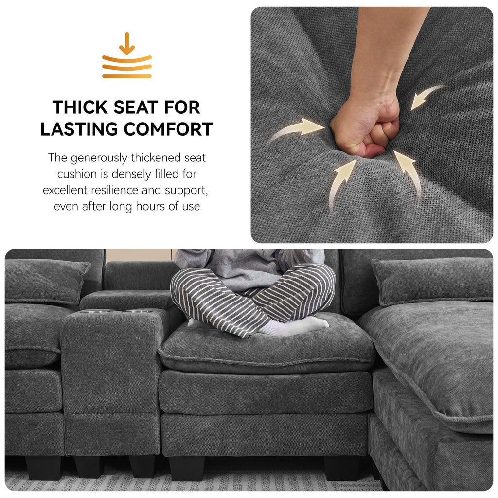 125'' U Shaped Cloud Modular Sectional Sofa with Chaise Lounges, Chenille Upholstered Comfy Couch with Storage Console, USB Charging Ports & Cup Holders, Modern Deep Seat Sofa for Living Room