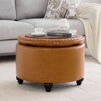 HASLE 24Inch Round Storage Ottoman with Tray, Modern Tufted Leather Circle Coffee Table with Storage, Upholstered Ottoman with Removable Top for Living Room, Bedroom, Leather Brown