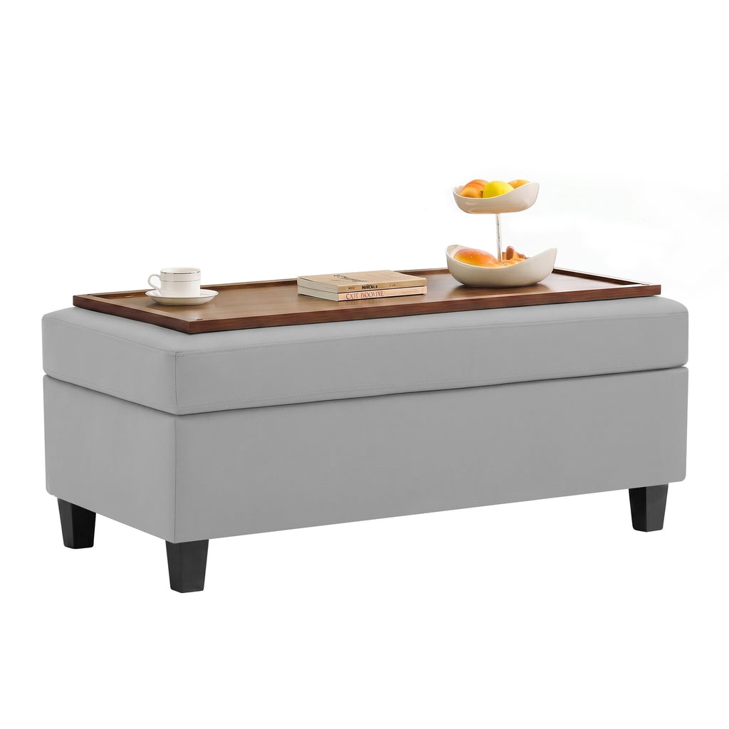HASLE Storage Ottoman Bench with Wooden Tray, Upholstered Ottoman Coffee Table with Hidden Storage for Living Room Bedroom