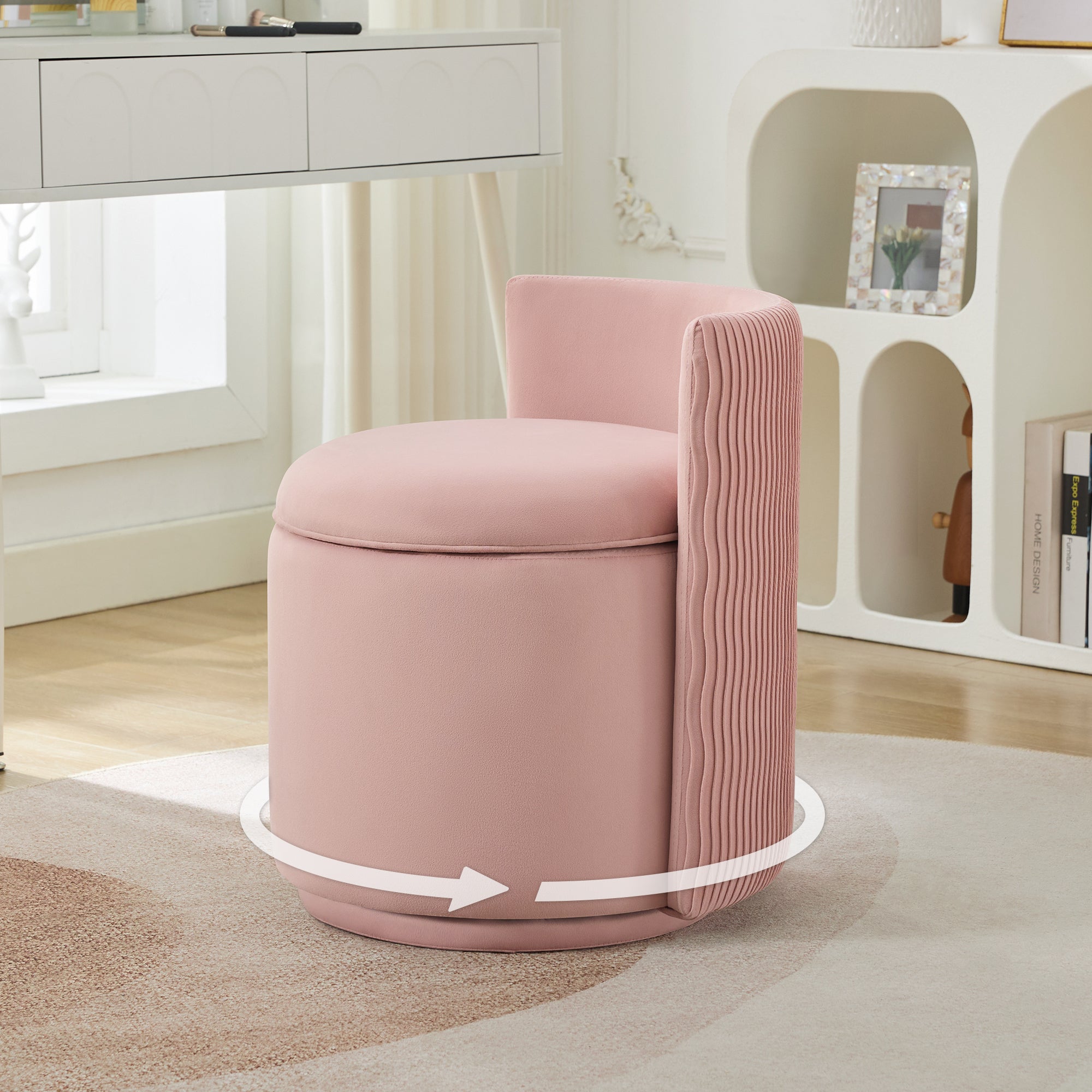 Vanity Chair with Storage，Velvet, Pink