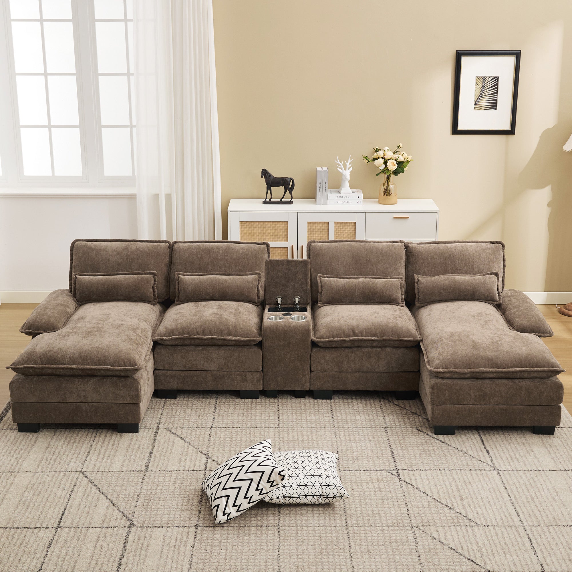 U Shaped Cloud Modular Sofa with Chaise Lounges，Brown