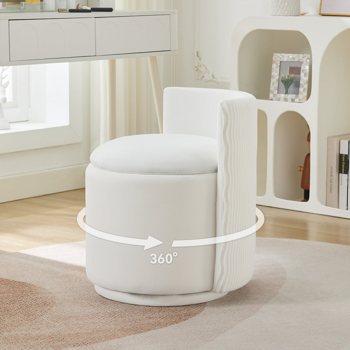 Velvet Swivel Accent Chair with Storage, 360° Vanity Makeup Chair with Wave Back, No Assembly Comfy Single Sofa Chair, Small Accent Stool for Bedroom, Dressing, Living Room