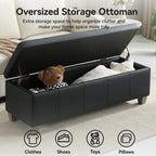 Faux Leather Storage Ottoman Bench, Rectangle Upholstered Storage Bench with Wooden Legs, Stitch Tufted Bench with Storage for Bedroom, Living Room, Entryway
