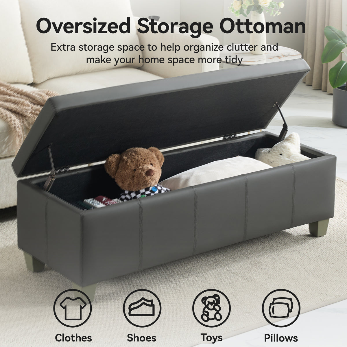 Faux Leather Storage Ottoman Bench, Rectangle Upholstered Storage Bench with Wooden Legs, Stitch Tufted Bench with Storage for Bedroom, Living Room, Entryway