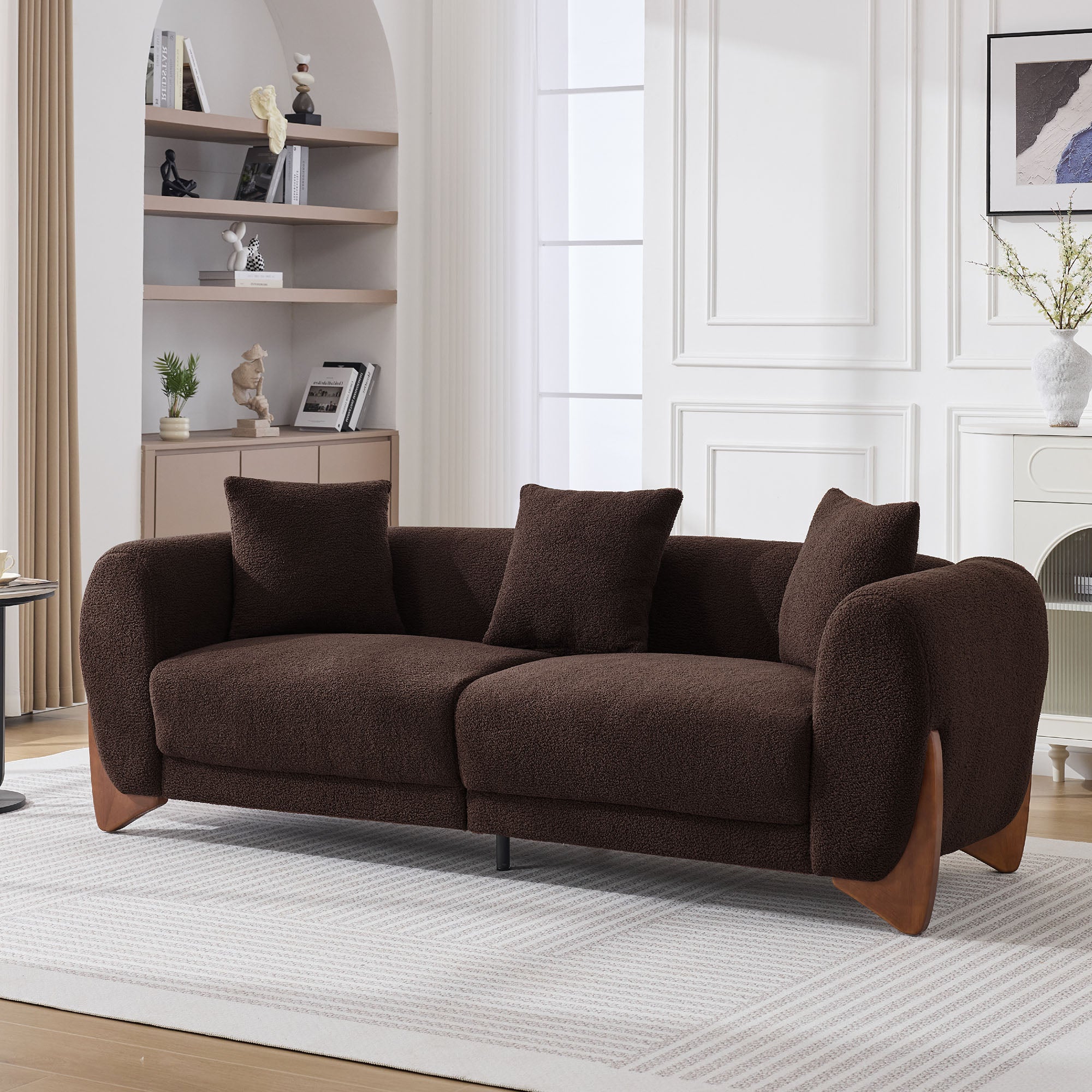 87" Boucle Couch with Solid Wood Legs,Brown