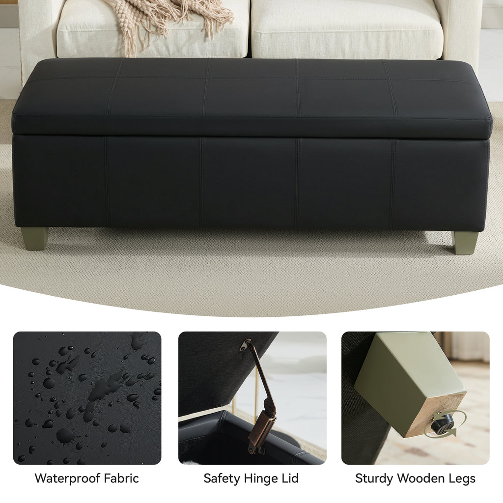 Faux Leather Storage Ottoman Bench, Rectangle Upholstered Storage Bench with Wooden Legs, Stitch Tufted Bench with Storage for Bedroom, Living Room, Entryway