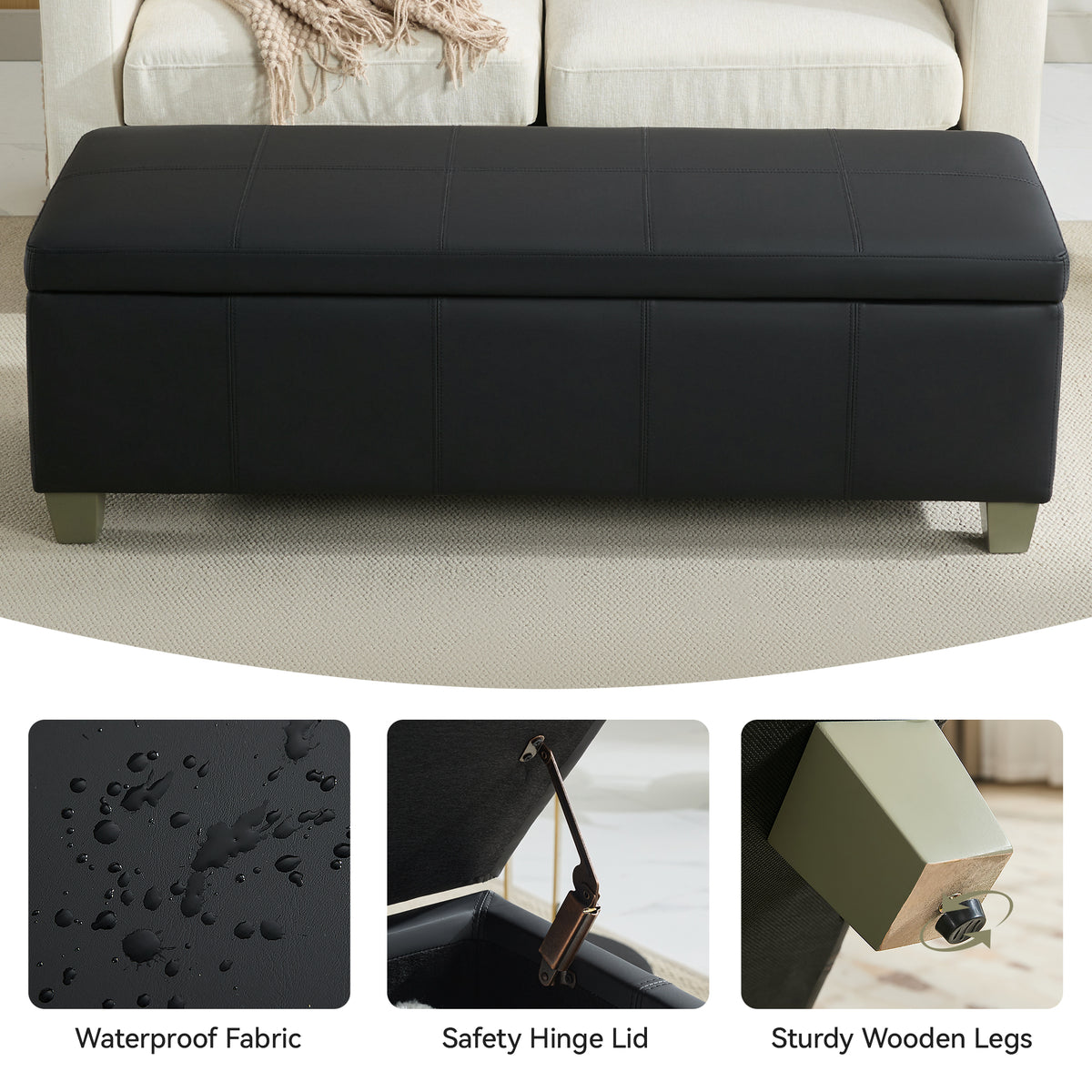 Faux Leather Storage Ottoman Bench, Rectangle Upholstered Storage Bench with Wooden Legs, Stitch Tufted Bench with Storage for Bedroom, Living Room, Entryway
