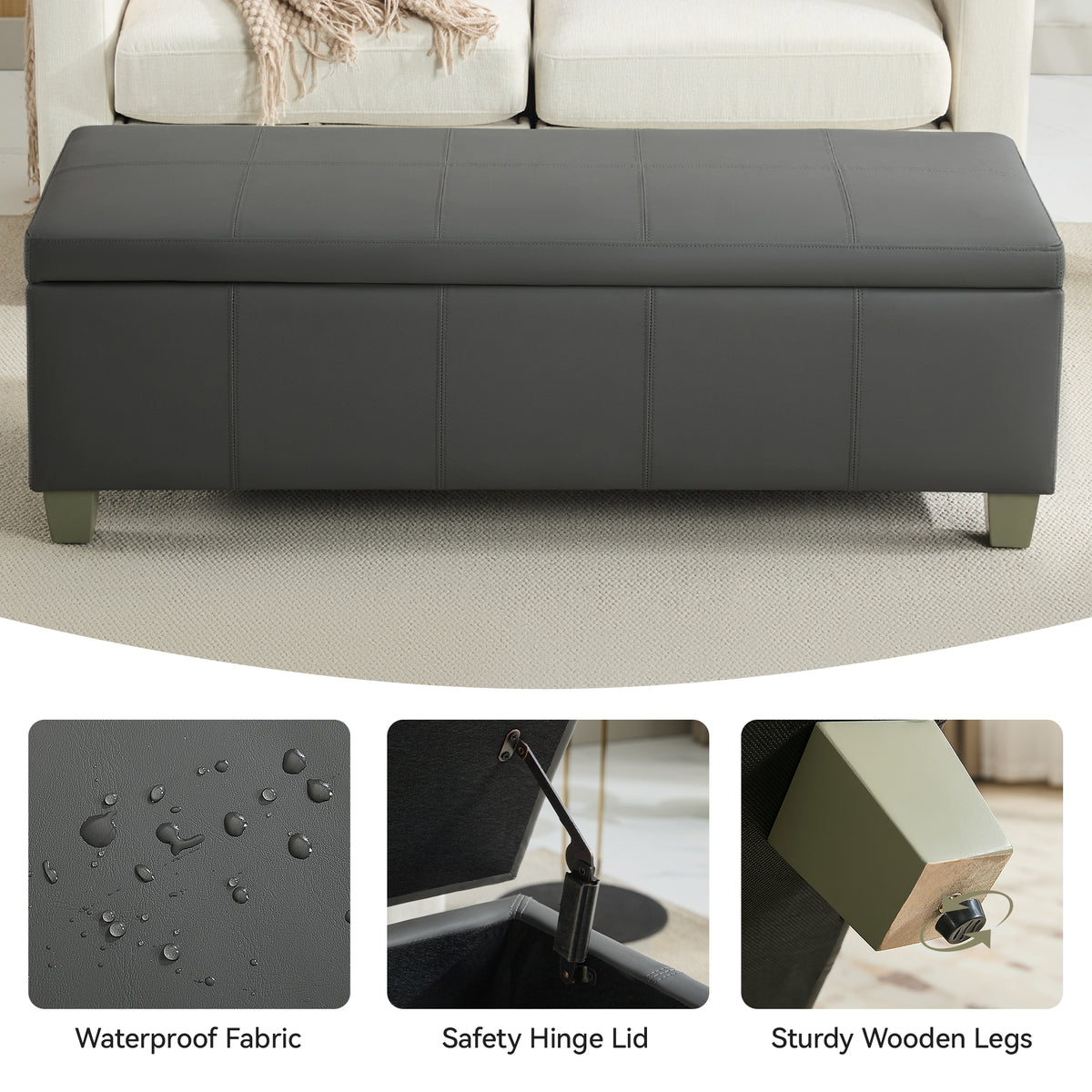 Faux Leather Storage Ottoman Bench, Rectangle Upholstered Storage Bench with Wooden Legs, Stitch Tufted Bench with Storage for Bedroom, Living Room, Entryway