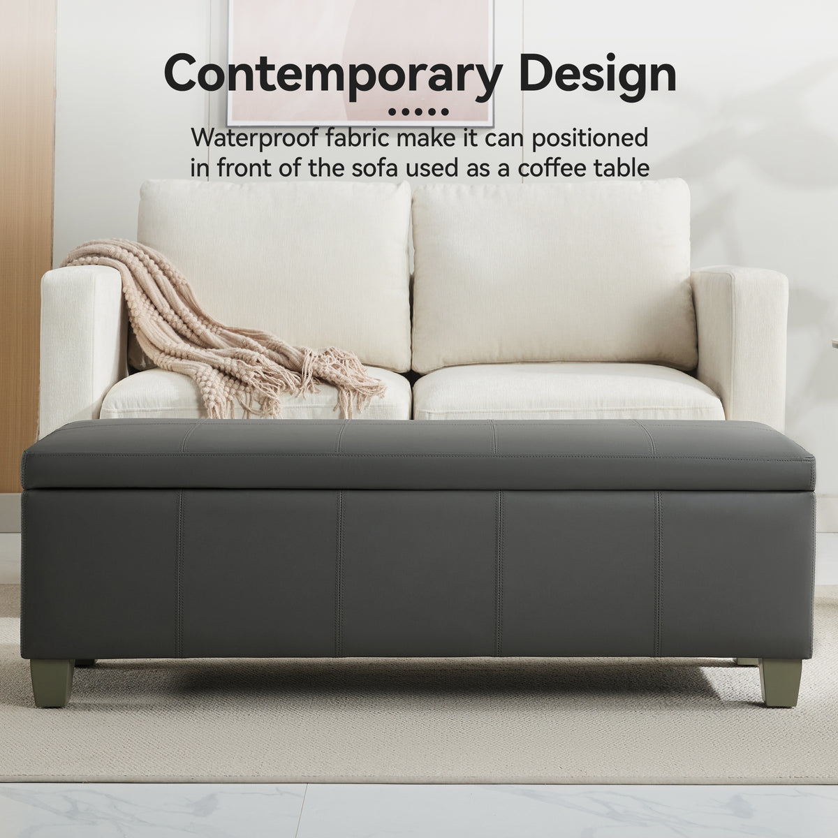 Faux Leather Storage Ottoman Bench, Rectangle Upholstered Storage Bench with Wooden Legs, Stitch Tufted Bench with Storage for Bedroom, Living Room, Entryway