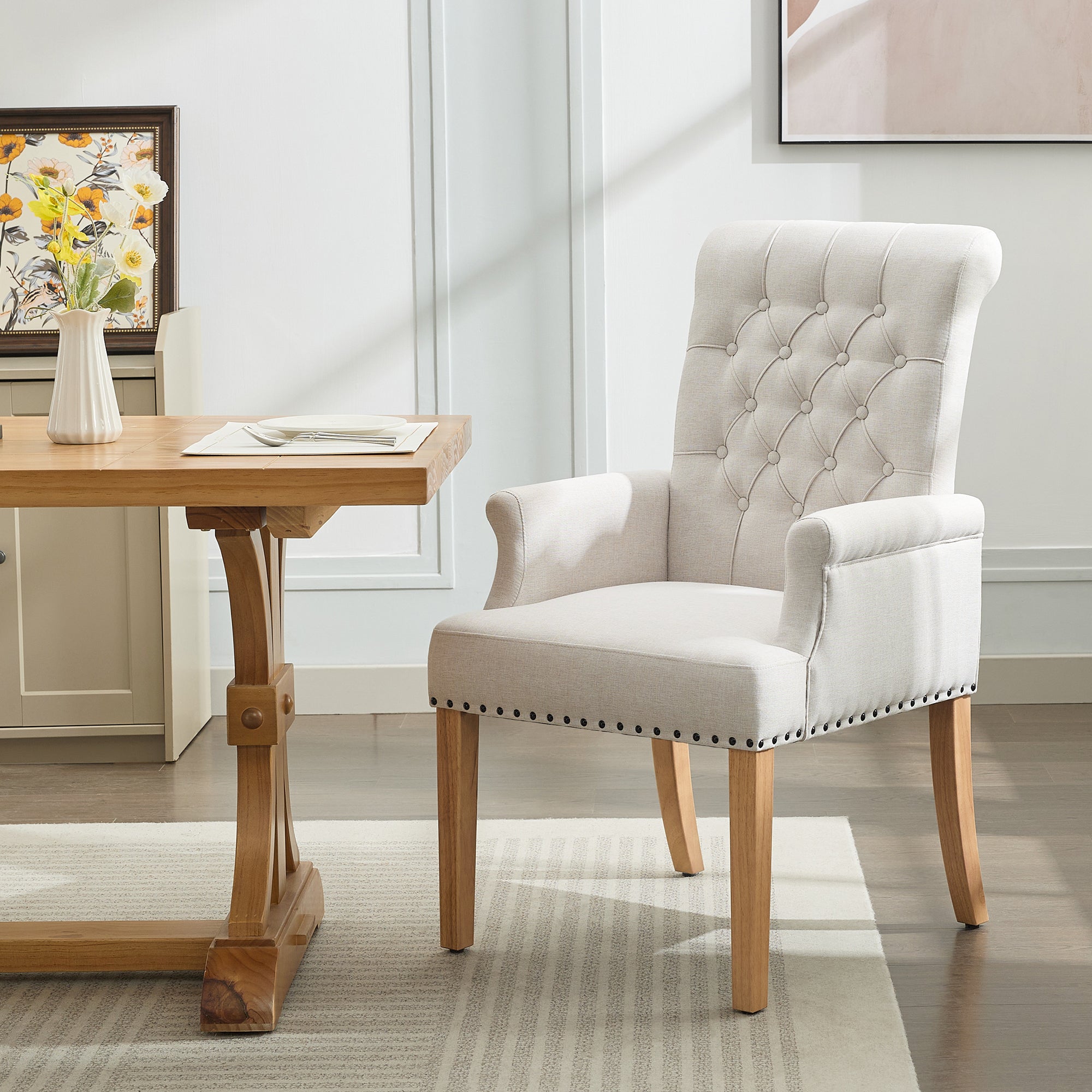 Fabric Dining Chair with Arms，Beige