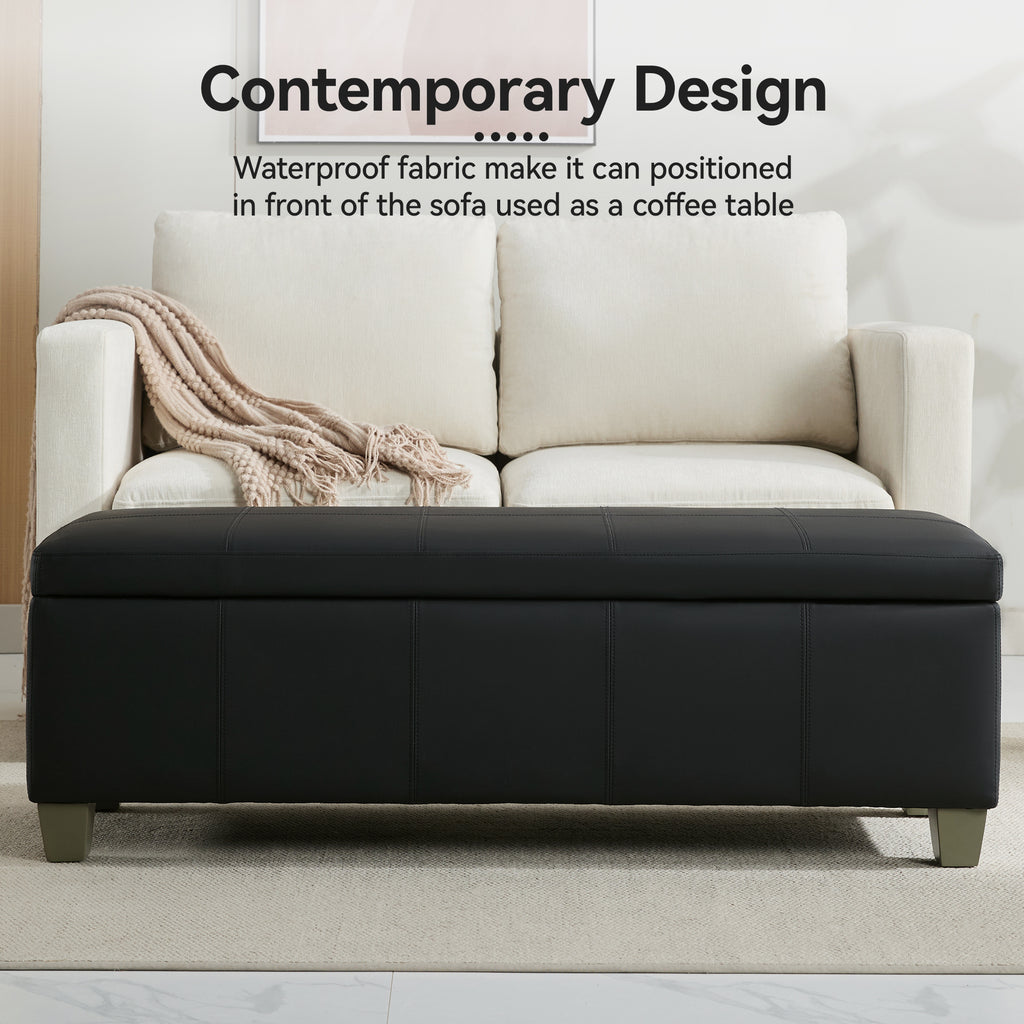 Faux Leather Storage Ottoman Bench, Rectangle Upholstered Storage Bench with Wooden Legs, Stitch Tufted Bench with Storage for Bedroom, Living Room, Entryway
