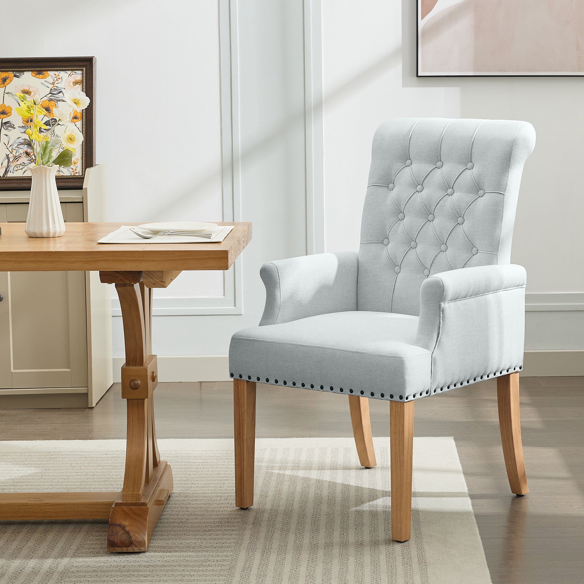 Fabric Dining Chair with Arms，Sky Blue