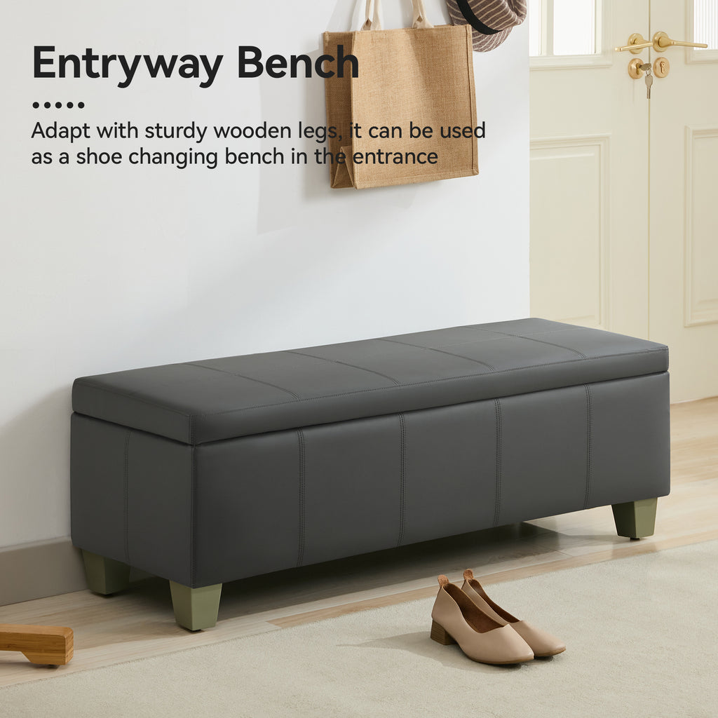 Faux Leather Storage Ottoman Bench, Rectangle Upholstered Storage Bench with Wooden Legs, Stitch Tufted Bench with Storage for Bedroom, Living Room, Entryway