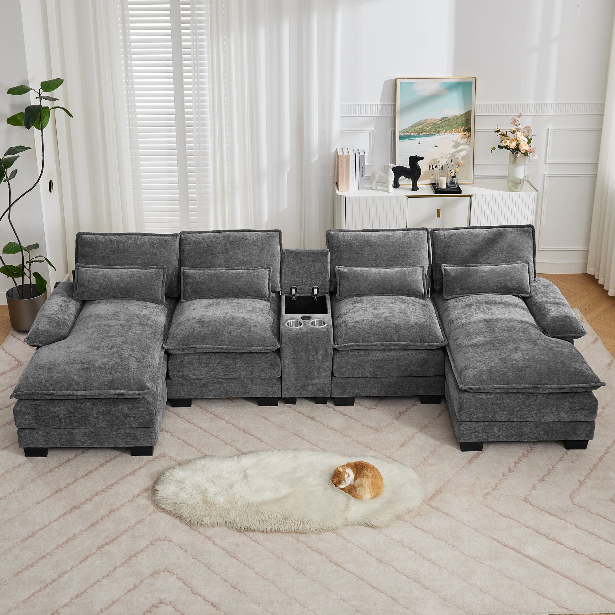 U Shaped Cloud Modular Sofa with Chaise Lounges，Gray