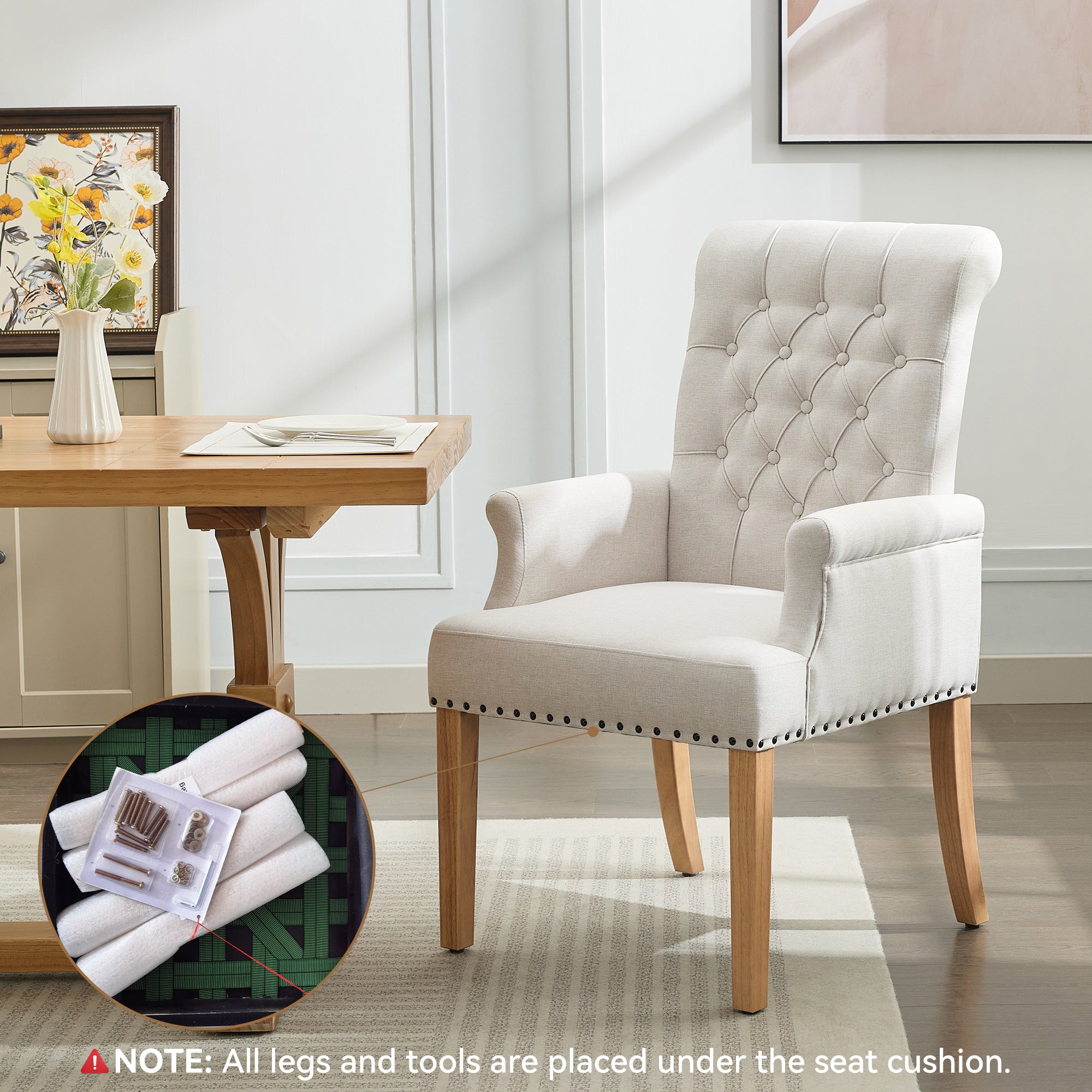 Fabric Dining Chair with Arms，Beige