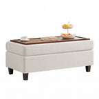 HASLE Storage Ottoman Bench with Wooden Tray, Upholstered Ottoman Coffee Table with Hidden Storage for Living Room Bedroom