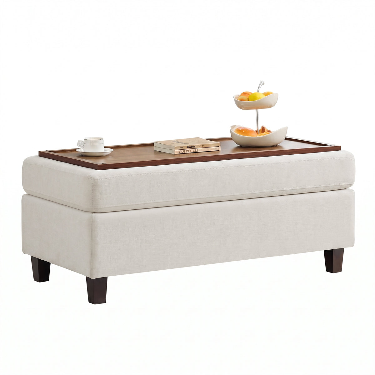 HASLE Storage Ottoman Bench with Wooden Tray, Upholstered Ottoman Coffee Table with Hidden Storage for Living Room Bedroom