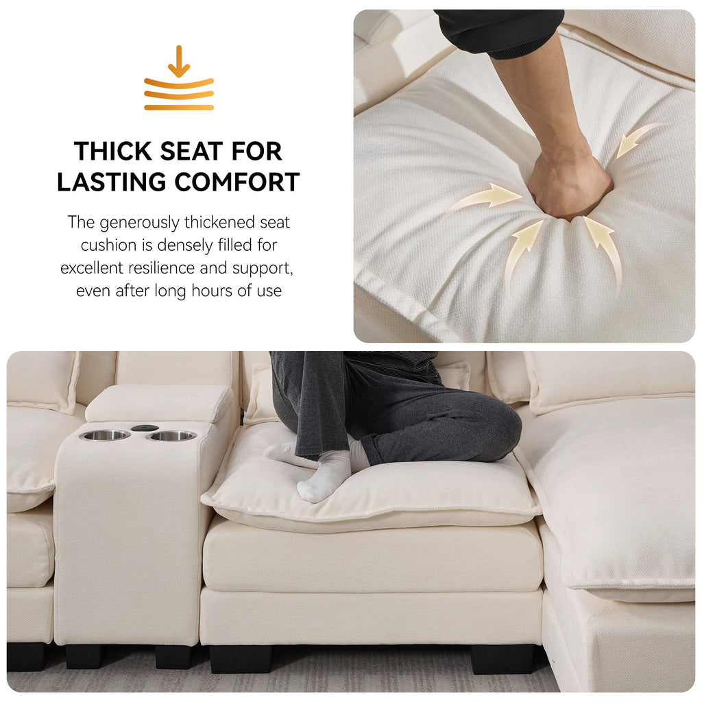 125'' U Shaped Cloud Modular Sectional Sofa with Chaise Lounges, Chenille Upholstered Comfy Couch with Storage Console, USB Charging Ports & Cup Holders, Modern Deep Seat Sofa for Living Room