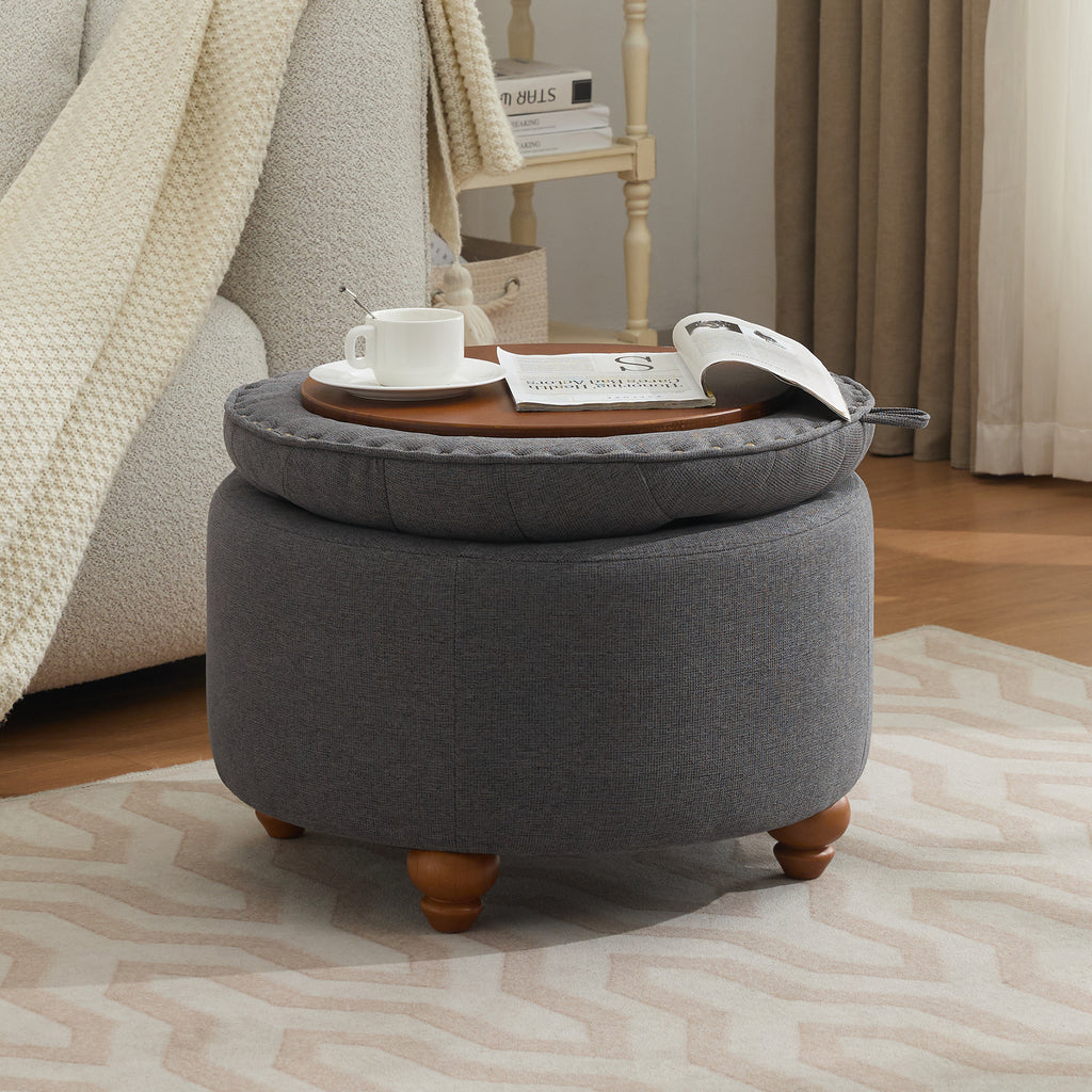 24'' Round Ottoman with Storage, Modern Tufted Fabric Storage Ottoman with Removable Top for Living Room, Bedroom, Drak Gray