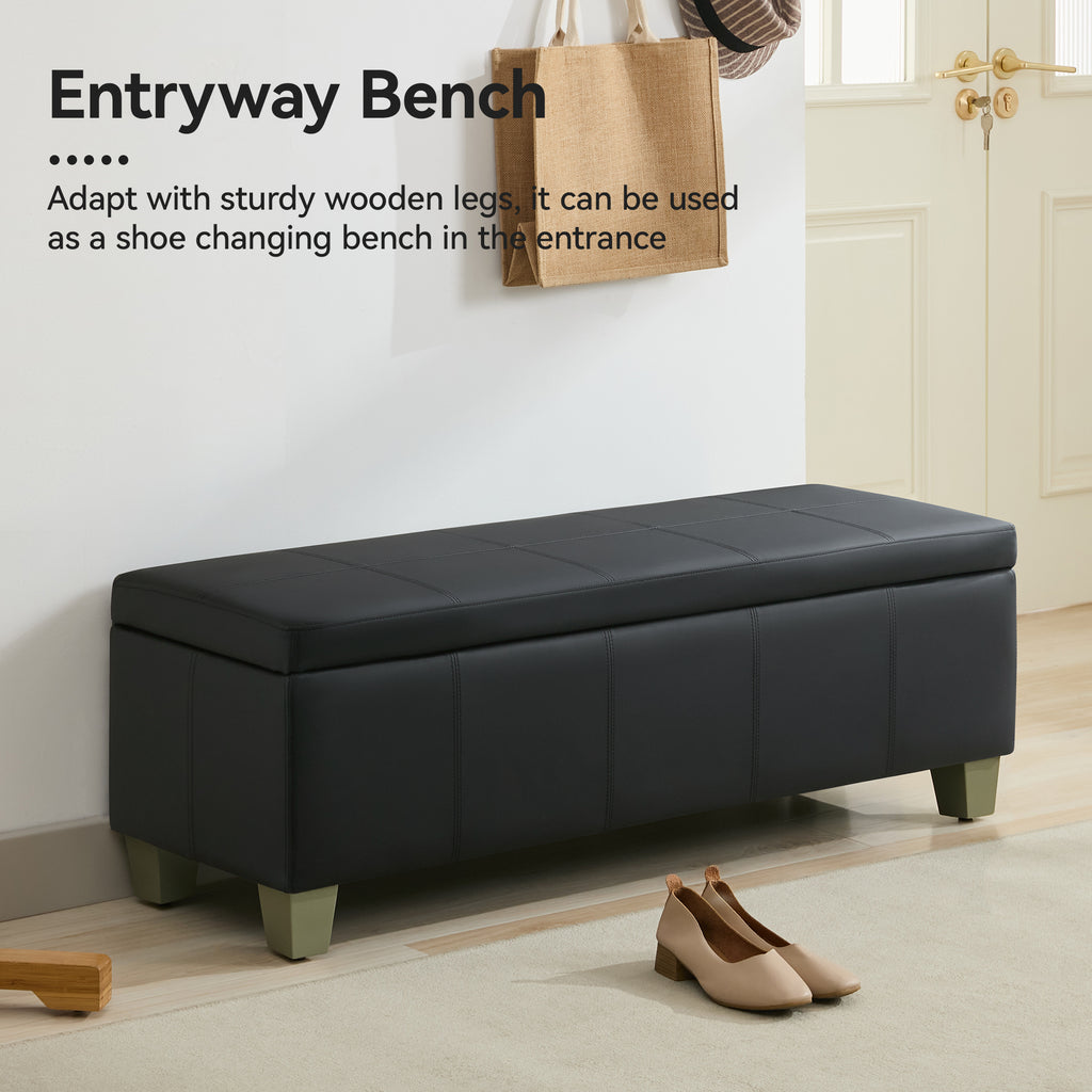 Faux Leather Storage Ottoman Bench, Rectangle Upholstered Storage Bench with Wooden Legs, Stitch Tufted Bench with Storage for Bedroom, Living Room, Entryway