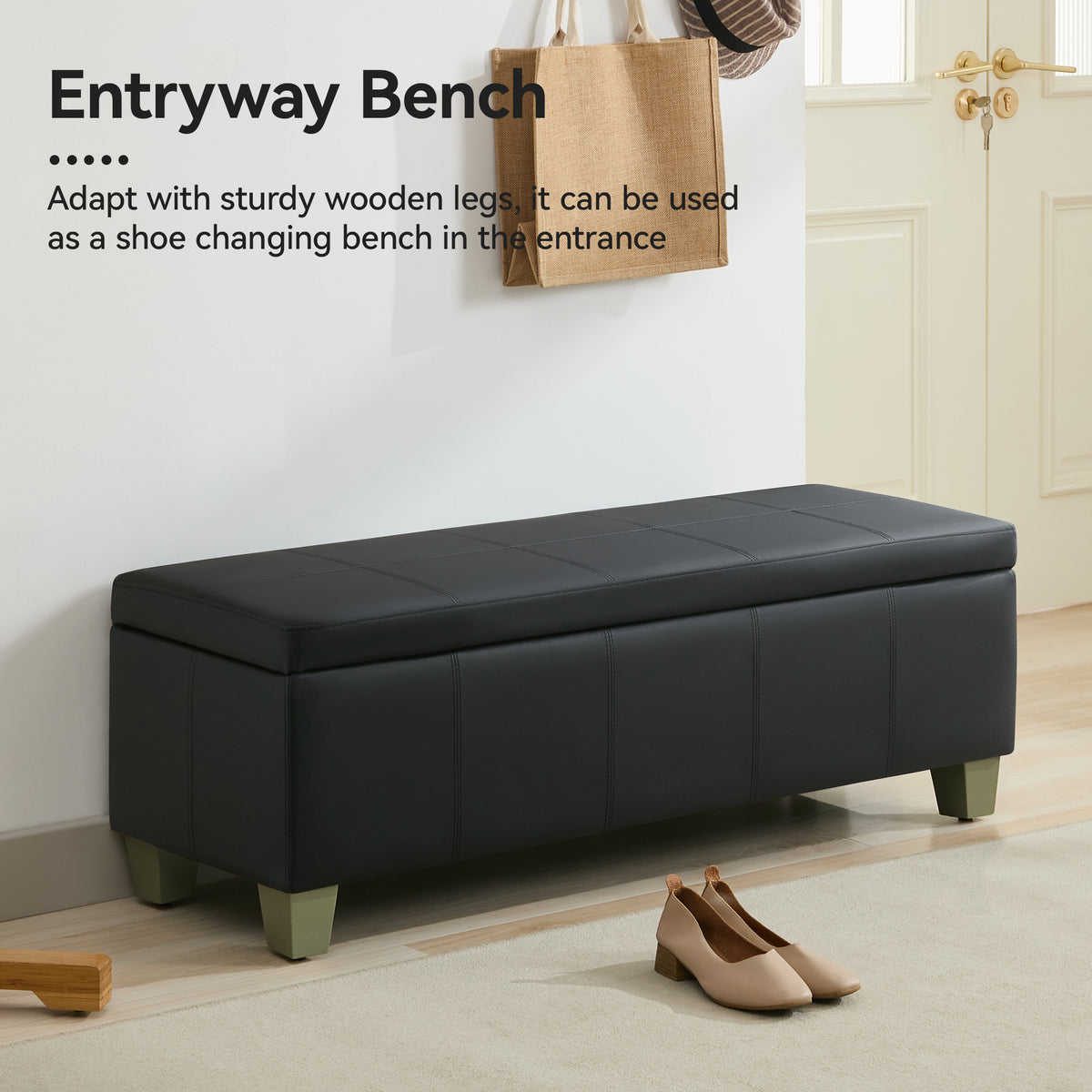 Faux Leather Storage Ottoman Bench, Rectangle Upholstered Storage Bench with Wooden Legs, Stitch Tufted Bench with Storage for Bedroom, Living Room, Entryway