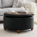 HASLE 30Inch Round Storage Ottoman with Tray, Modern Tufted Leather Circle Coffee Table with Storage, Upholstered Ottoman with Removable Top for Living Room, Bedroom, Leather Black