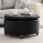 HASLE 30Inch Round Storage Ottoman with Tray, Modern Tufted Leather Circle Coffee Table with Storage, Upholstered Ottoman with Removable Top for Living Room, Bedroom, Leather Black