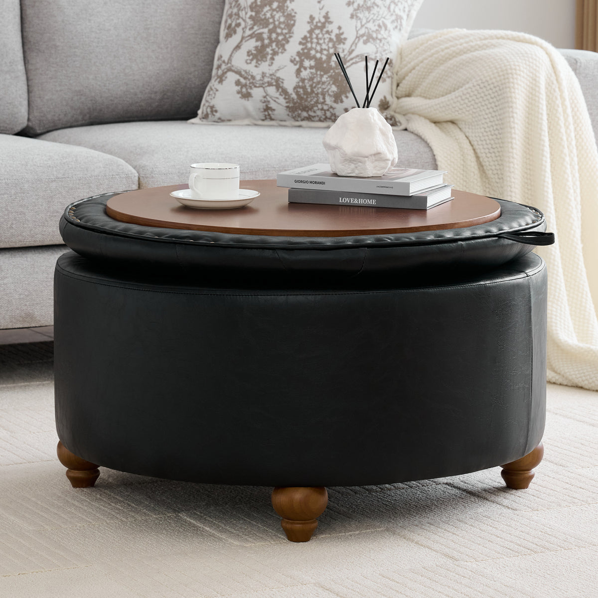 HASLE 30Inch Round Storage Ottoman with Tray, Modern Tufted Leather Circle Coffee Table with Storage, Upholstered Ottoman with Removable Top for Living Room, Bedroom, Leather Black
