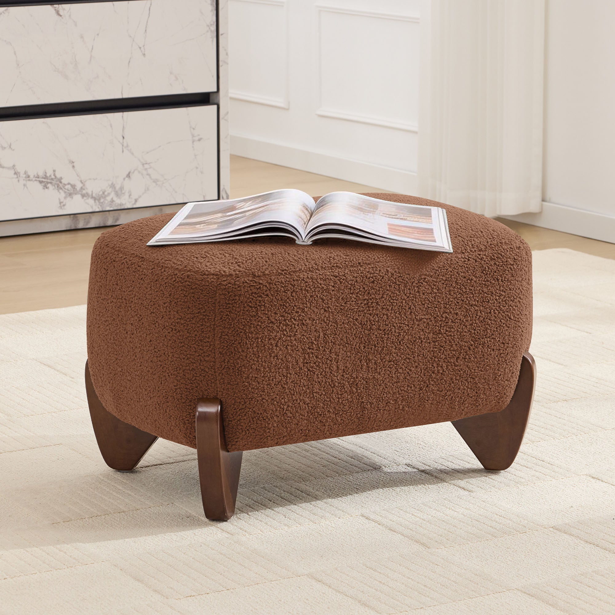 28.7" Sherpa Boucle Ottoman，Bright Brown