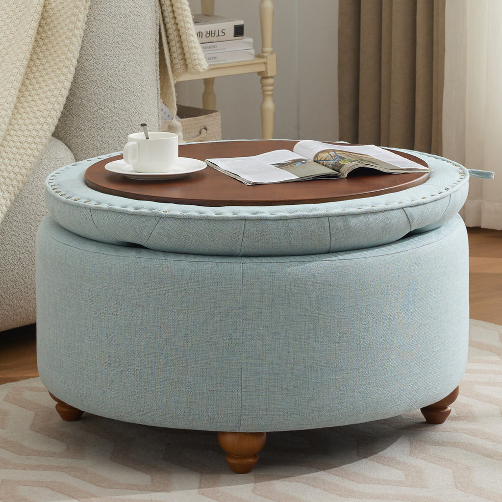 30'' Round Ottoman with Storage, Modern Tufted Fabric Storage Ottoman with Removable Top for Living Room, Bedroom, Light Blue