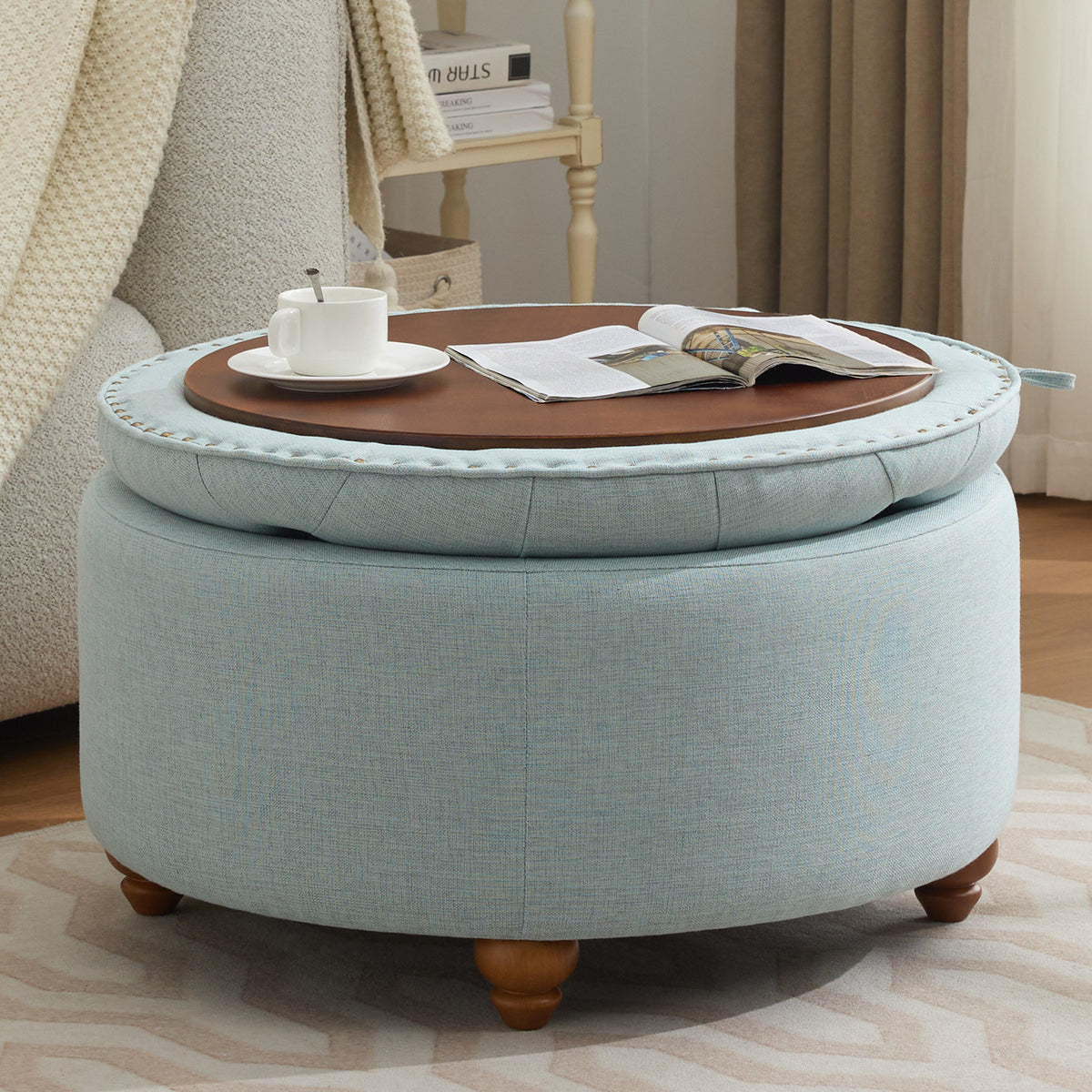 30'' Round Ottoman with Storage, Modern Tufted Fabric Storage Ottoman with Removable Top for Living Room, Bedroom, Light Blue