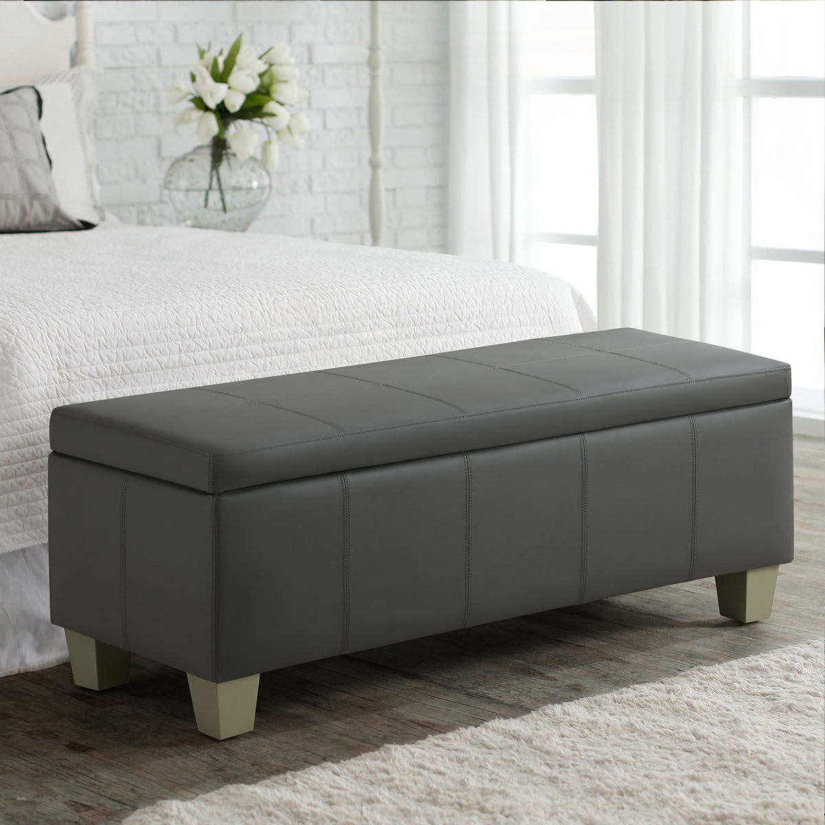 Faux Leather Storage Ottoman Bench, Rectangle Upholstered Storage Bench with Wooden Legs, Stitch Tufted Bench with Storage for Bedroom, Living Room, Entryway